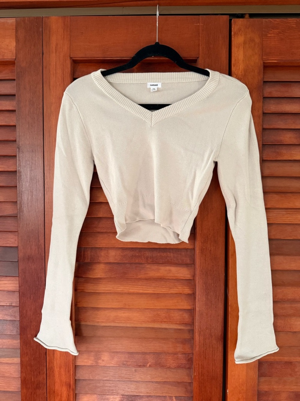 Garage Cream Ribbed V-Neck Cropped Sweater